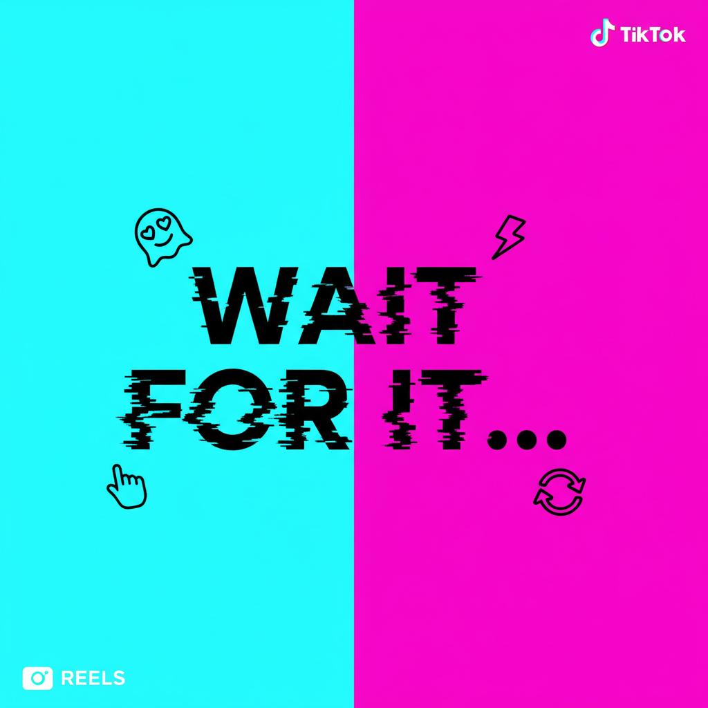 AI social media content creator output of a TikTok hook cover with neon cyan and magenta split background, glitch headline reading WAIT FOR IT and viral creator aesthetic