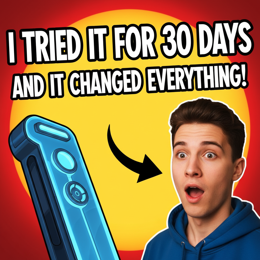 AI social media content creator output of a YouTube thumbnail with bold yellow-red background, oversized headline I TRIED IT FOR 30 DAYS and creator face in MrBeast-style aesthetic