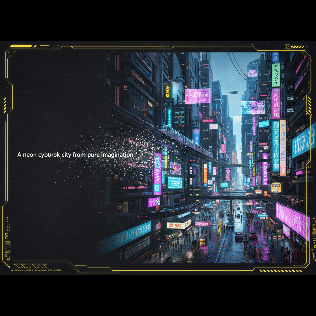 Text-to-image AI generating a neon cyberpunk city from a single typed prompt with no source photo