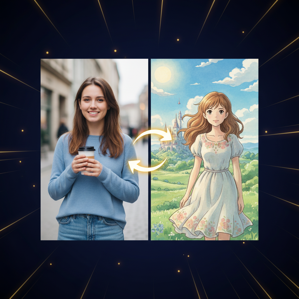 Image-to-image AI transforming a real portrait photo into a painterly anime version with style transfer