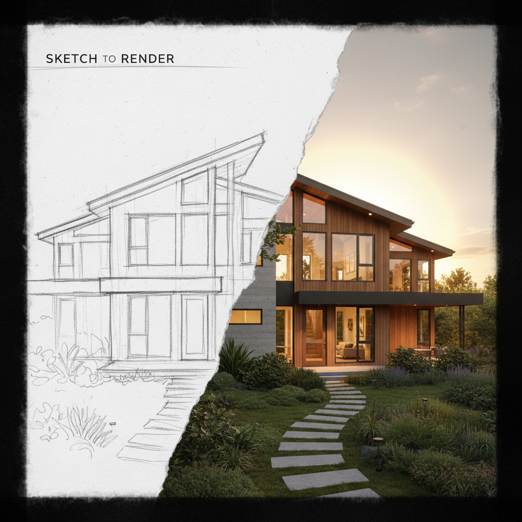Image-to-image AI turning a rough pencil sketch of a house into a photorealistic architectural render