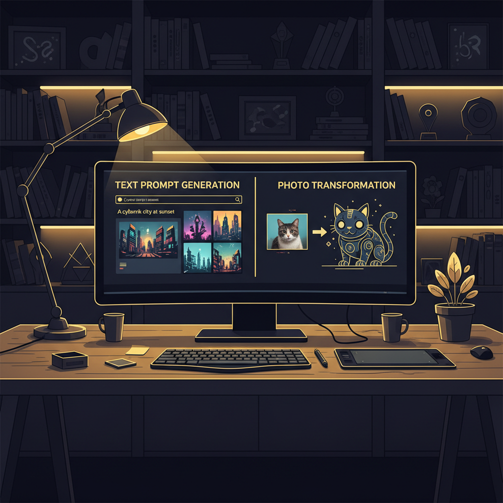 Text-to-image vs image-to-image AI methods shown side by side on a designer workspace monitor