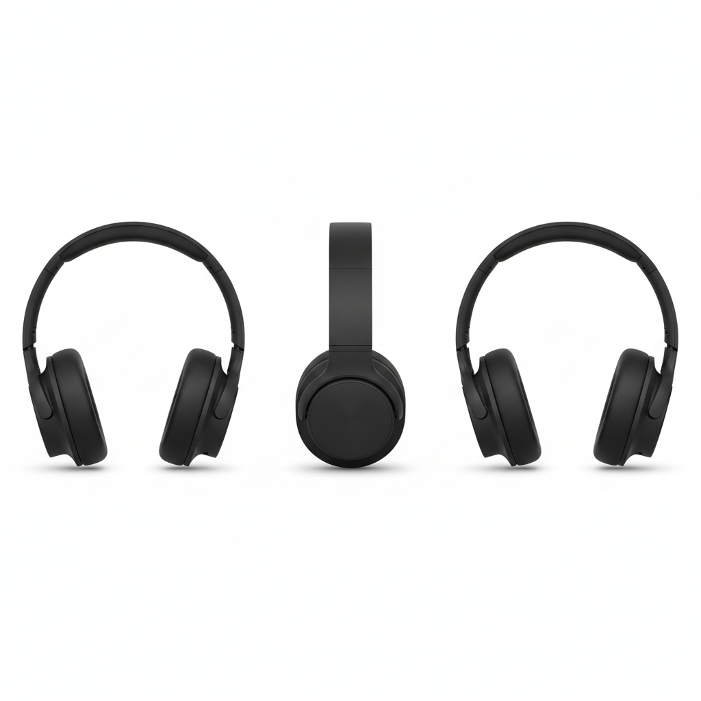 Matte black over-ear headphones generated in three views on a white background — front, true side profile showing the earcup circle, and a three-quarter angle