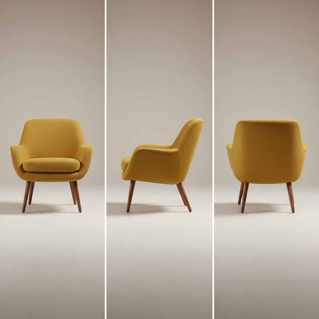 Mustard yellow mid-century armchair with tapered walnut legs shown in three separate panels: front, side and back, with the same upholstery weave in each