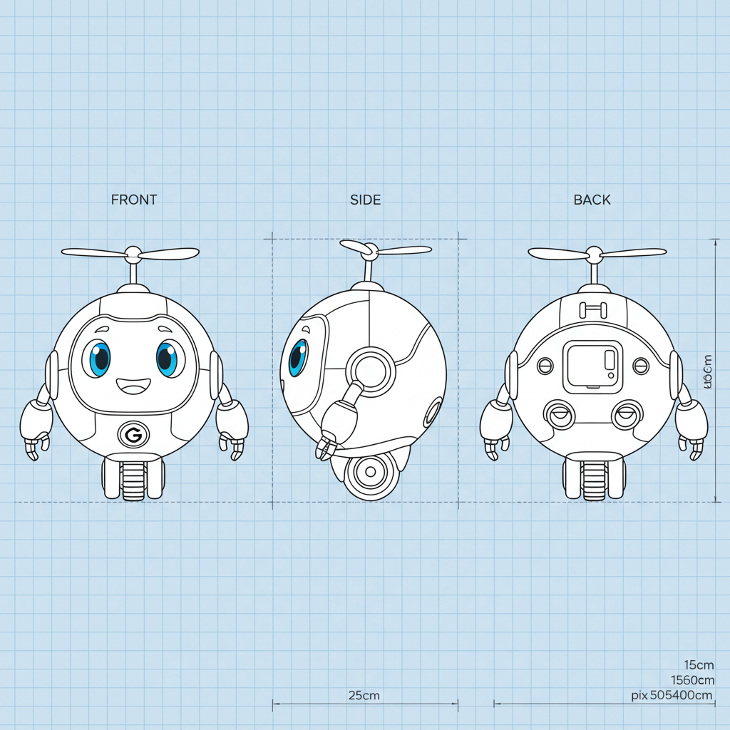 Blueprint-style orthographic model sheet on blue graph paper showing a round propeller robot labelled front, side and back with dimension lines