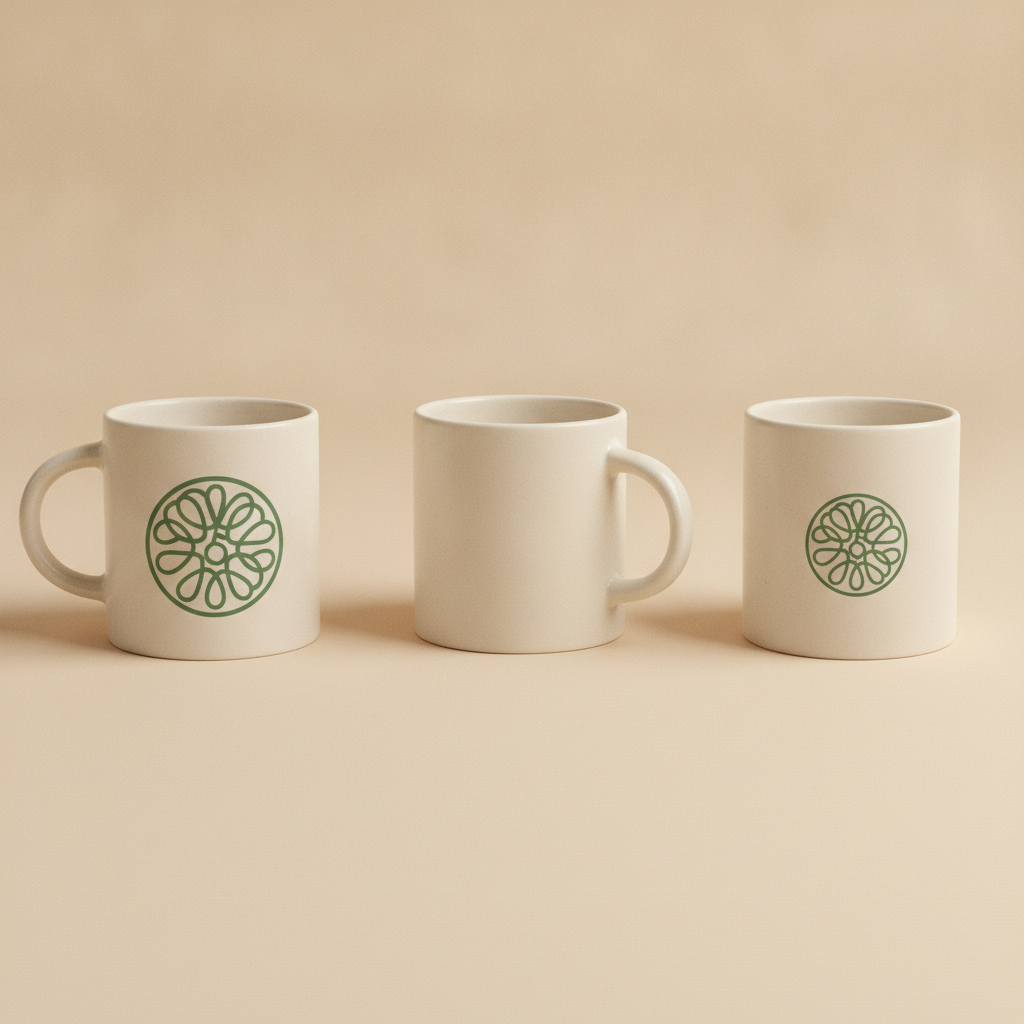 Cream ceramic mug with a green line-art emblem photographed in three views on a warm beige backdrop — handle left, handle right and the reverse face