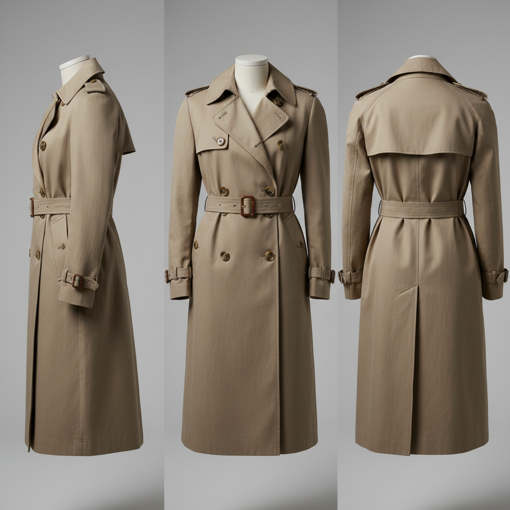 Beige belted trench coat on an invisible mannequin in three panels — side, front with double-breasted buttons, and back with the storm flap and centre vent