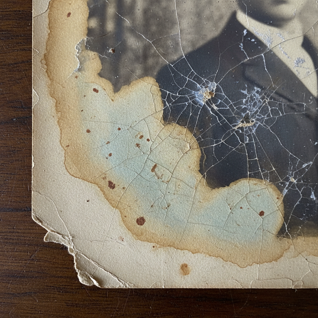 Macro of a damaged antique photographic print showing emulsion cracks, foxing spots, water staining and a torn corner before old photo repair