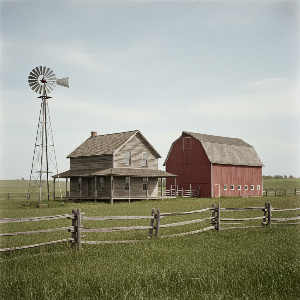 Restored early-1900s farmhouse and barn photograph, converted from a faded monochrome print to period-accurate natural colour