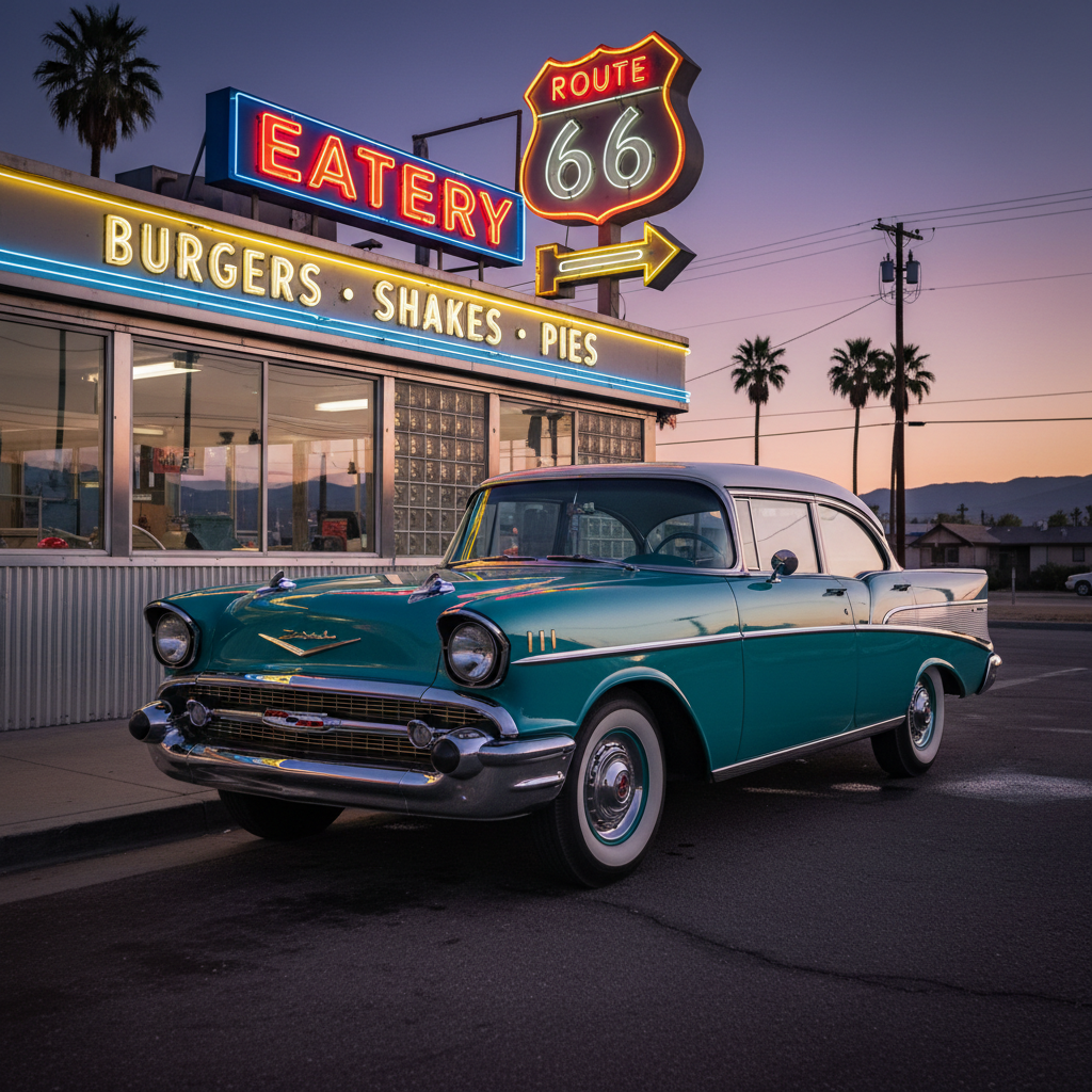 Colorized 1950s photograph of a chrome-trimmed classic car outside a neon-lit diner, restored with period-correct paint and signage colour
