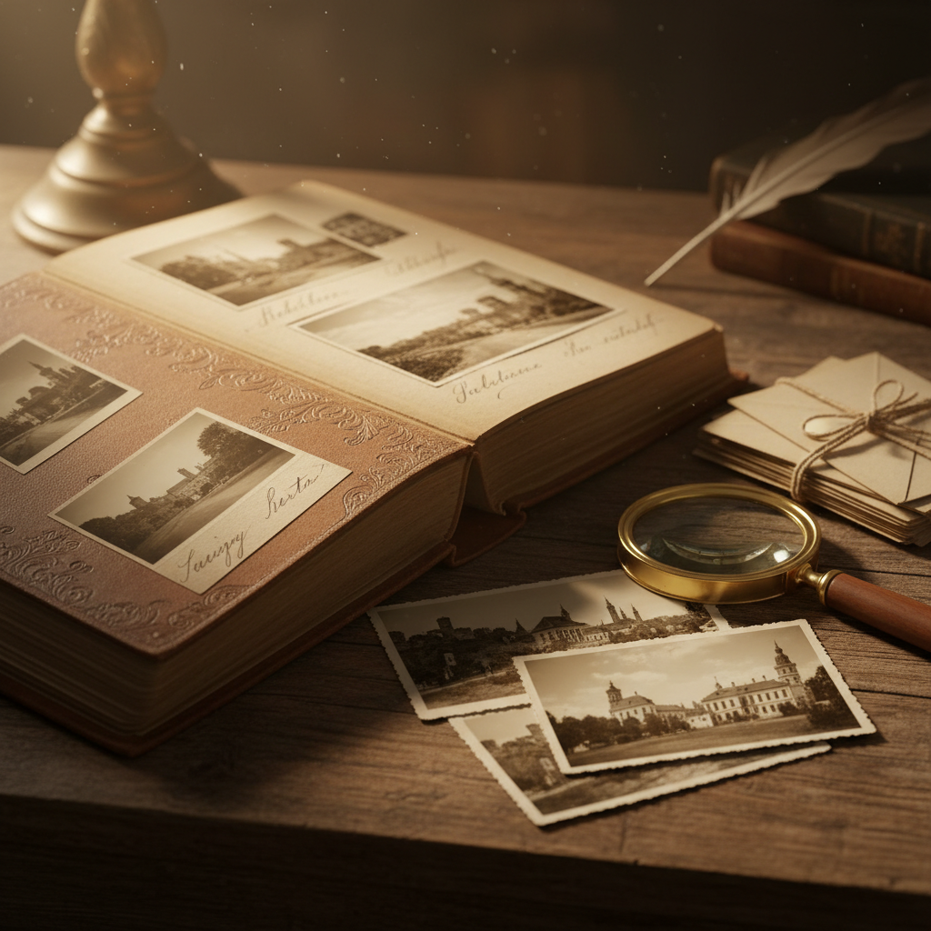 Open family photo album with loose sepia prints and a magnifying glass, the archive material that historical photo enhancement starts from