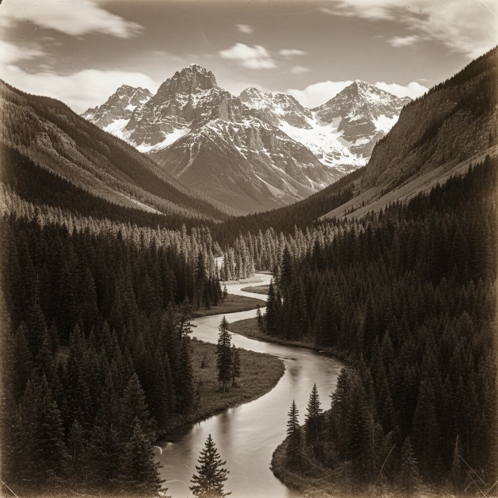 Restored glass-plate-negative mountain landscape with plate scratches, chemical blotches and dust removed and full tonal range rebuilt