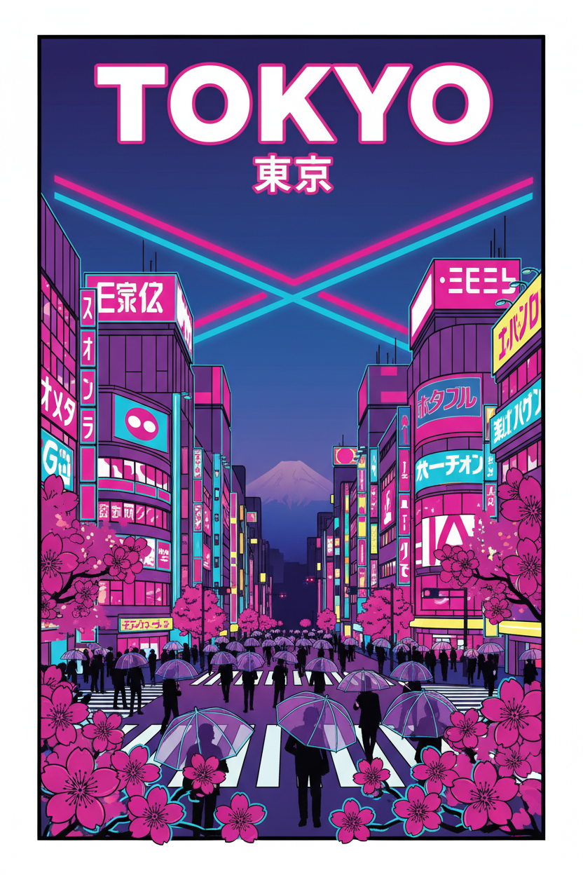 AI city poster generator retro Tokyo travel poster with neon Shibuya street and cherry blossoms