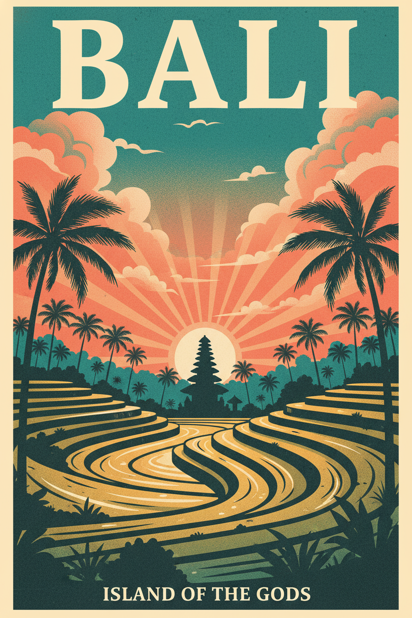 AI tourism poster tropical Bali travel art with palm trees, rice terraces and temple silhouette
