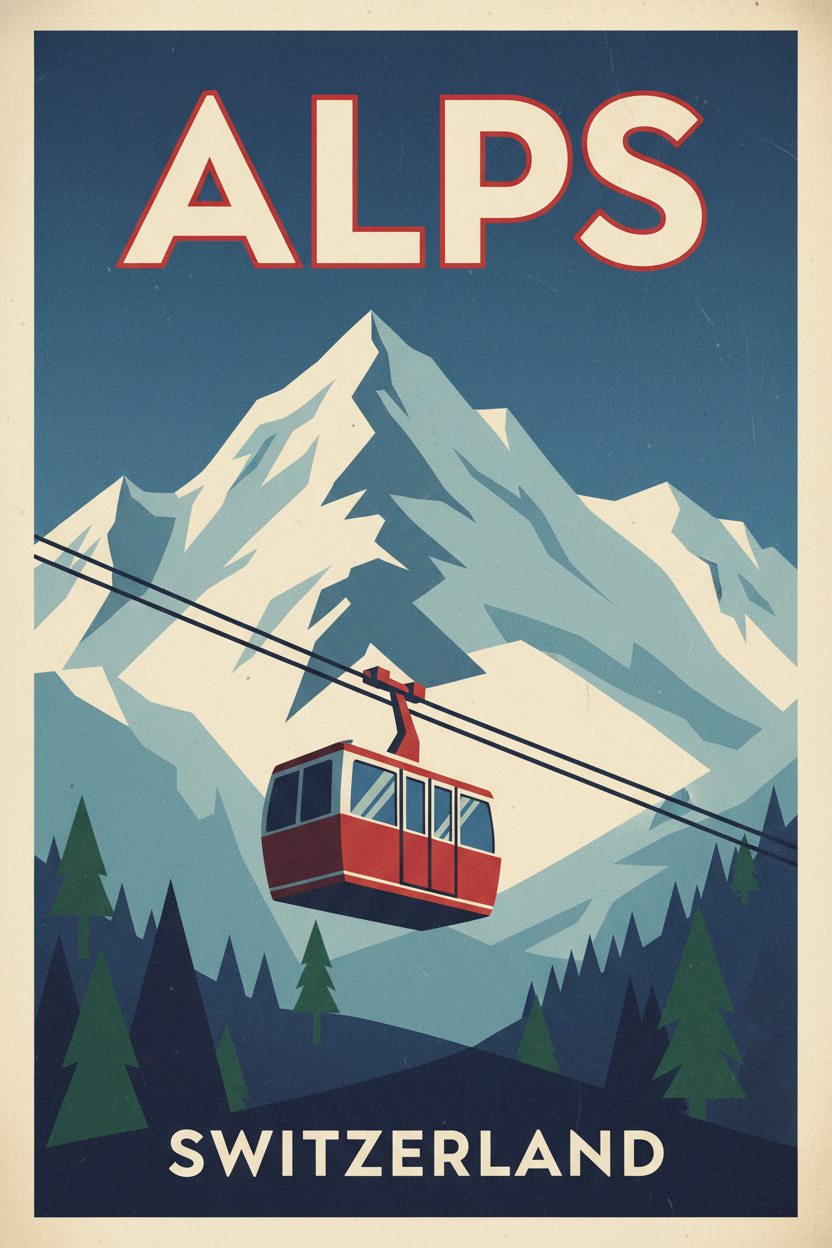 Vintage travel poster ai Swiss Alps with snow-capped peaks and red cable car gondola