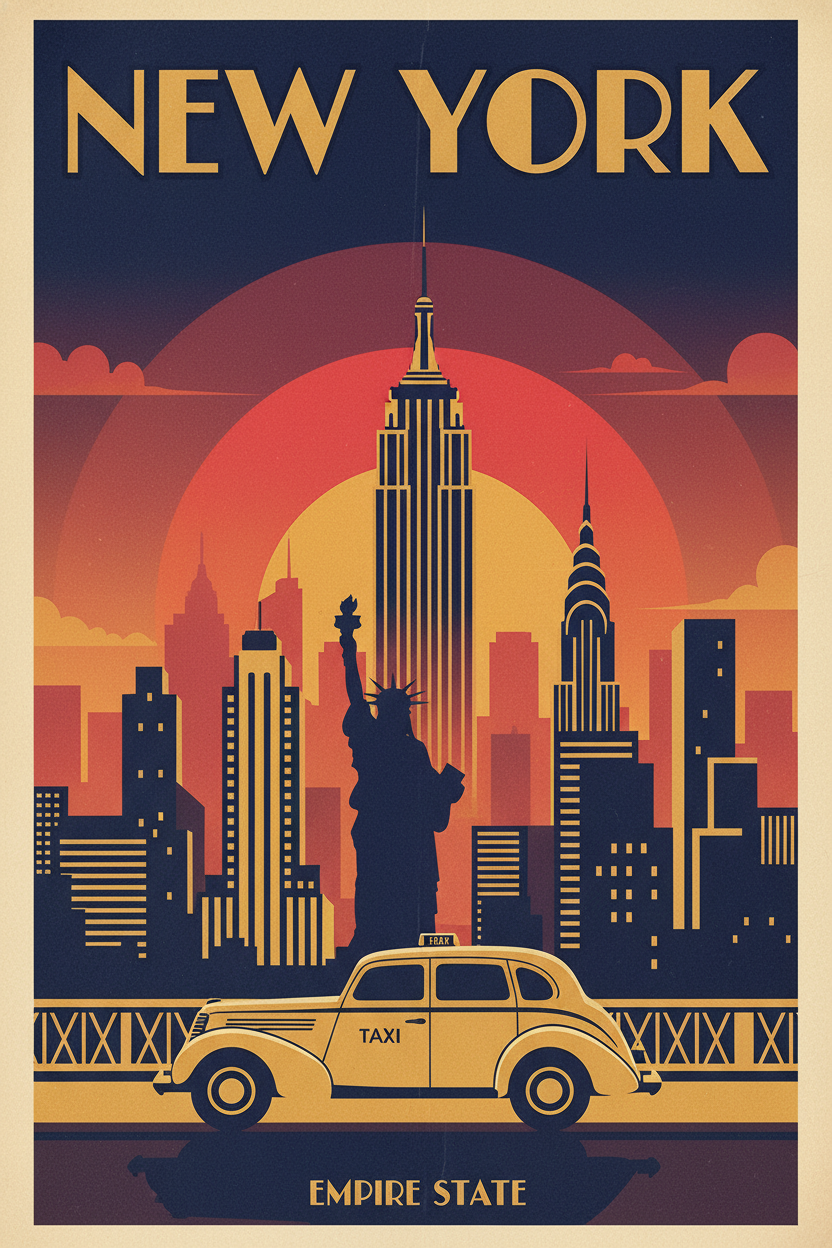 AI destination poster New York City vintage travel art with Manhattan skyline and Statue of Liberty