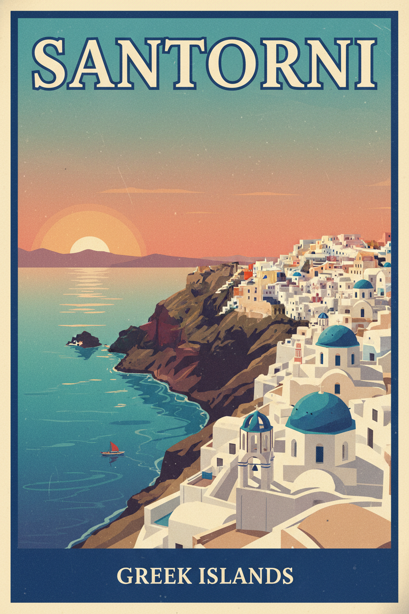 Custom travel poster Mediterranean Santorini Greece with white-washed cliffs and blue domed churches