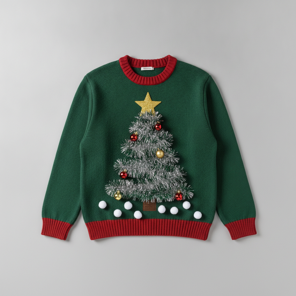 AI ugly christmas sweater design example — a green knitted jumper with a three dimensional silver tinsel Christmas tree, red and gold baubles, a gold glitter star and white pom poms