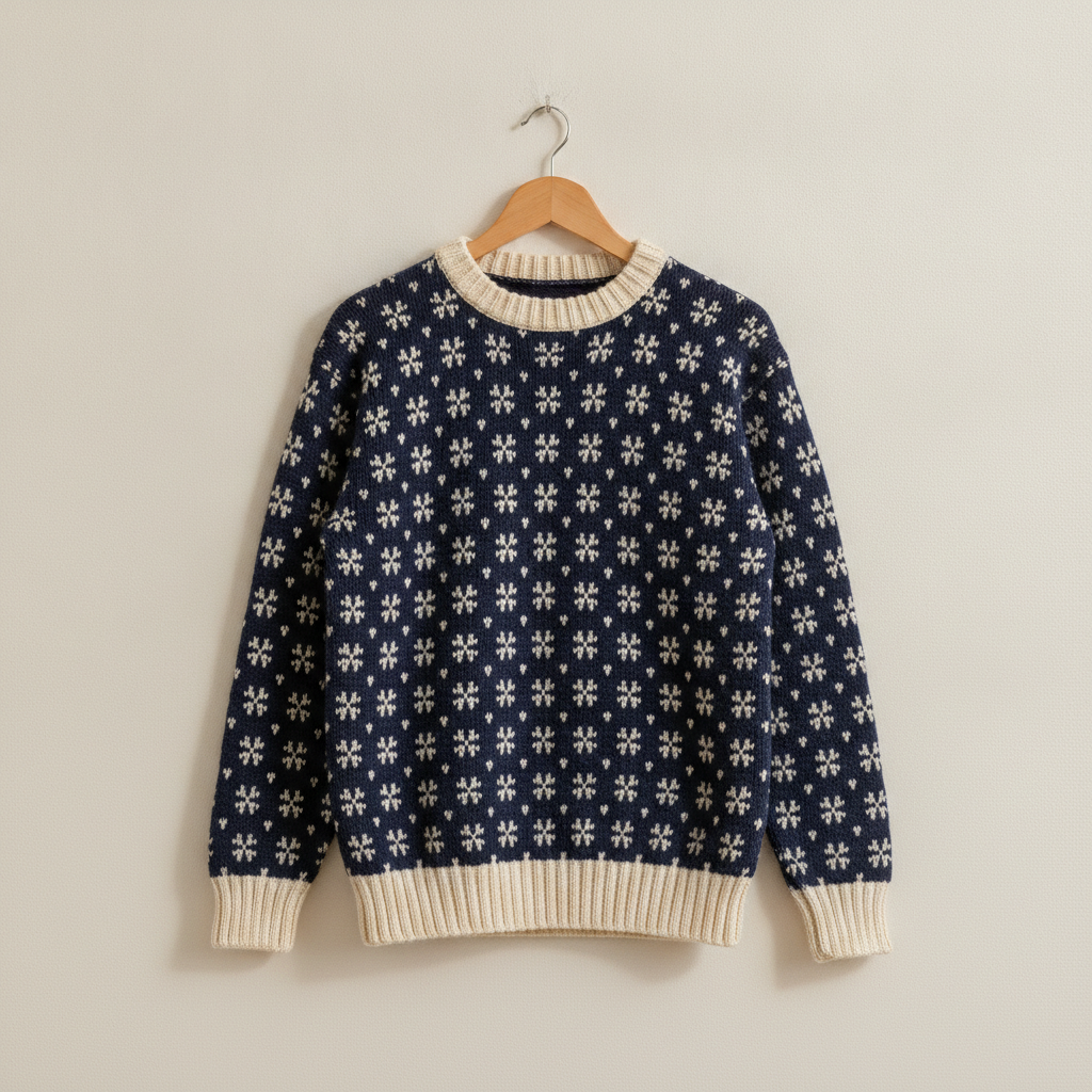 AI ugly christmas sweater generator example — a navy knitted Christmas jumper on a wooden hanger covered in an all-over repeating cream snowflake pattern