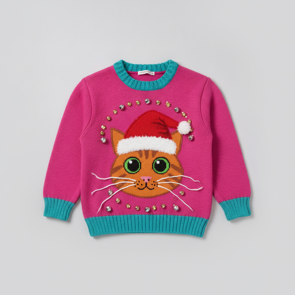 Ugly sweater generator example — a hot pink knitted jumper with a large ginger cat face in a Santa hat, jingle bells and turquoise ribbing