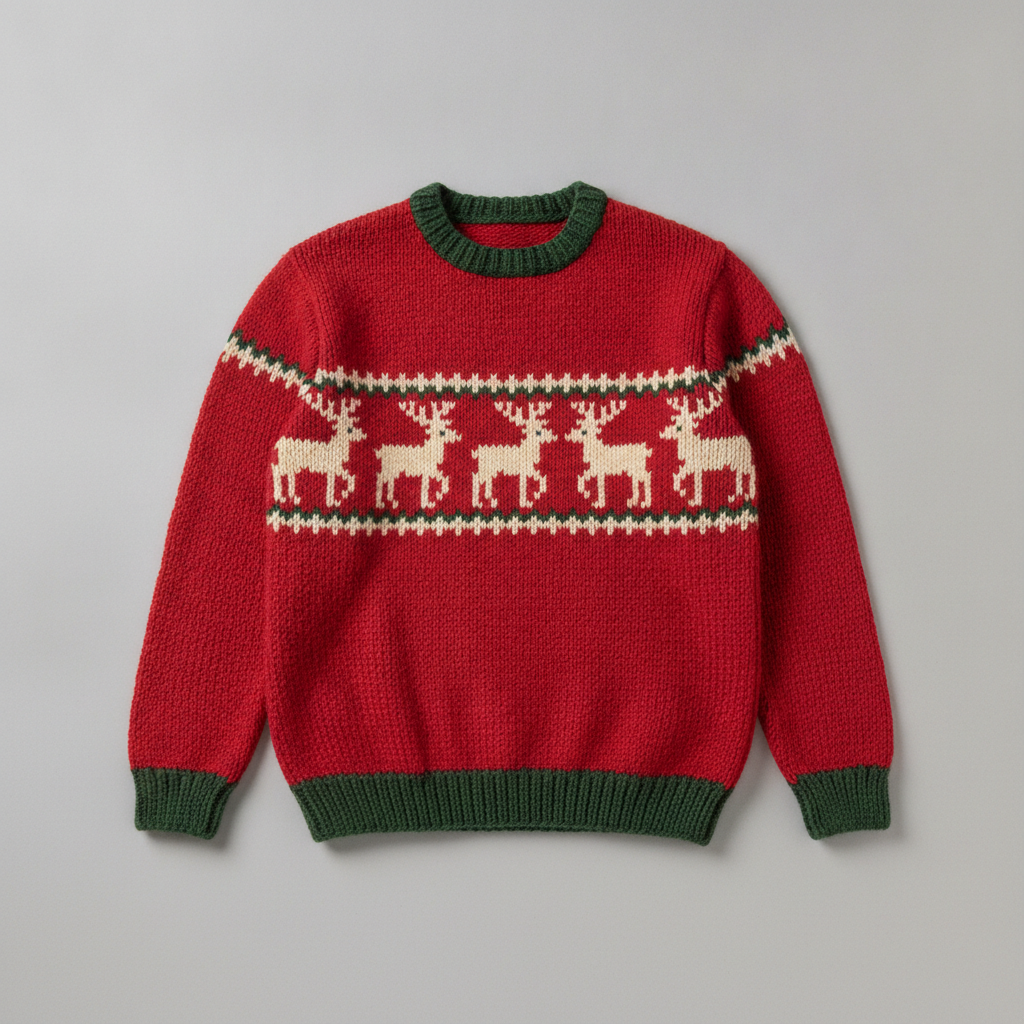 Ugly christmas sweater generator example — a red Fair Isle knitted jumper with a row of five cream reindeer across the chest between patterned bands