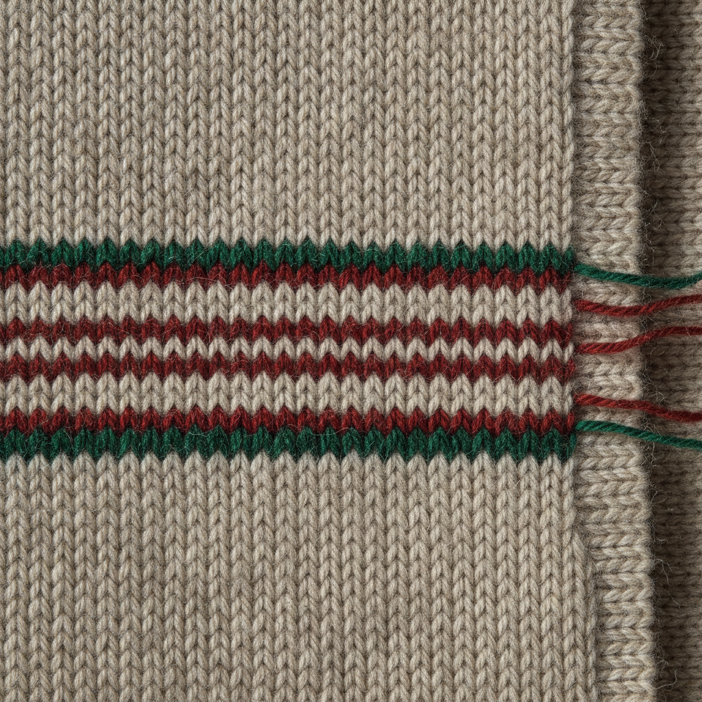 AI knitted sweater generator example — an extreme macro of cream Fair Isle wool showing individual knitted stitches with red and green stripes and loose yarn floats at the edge
