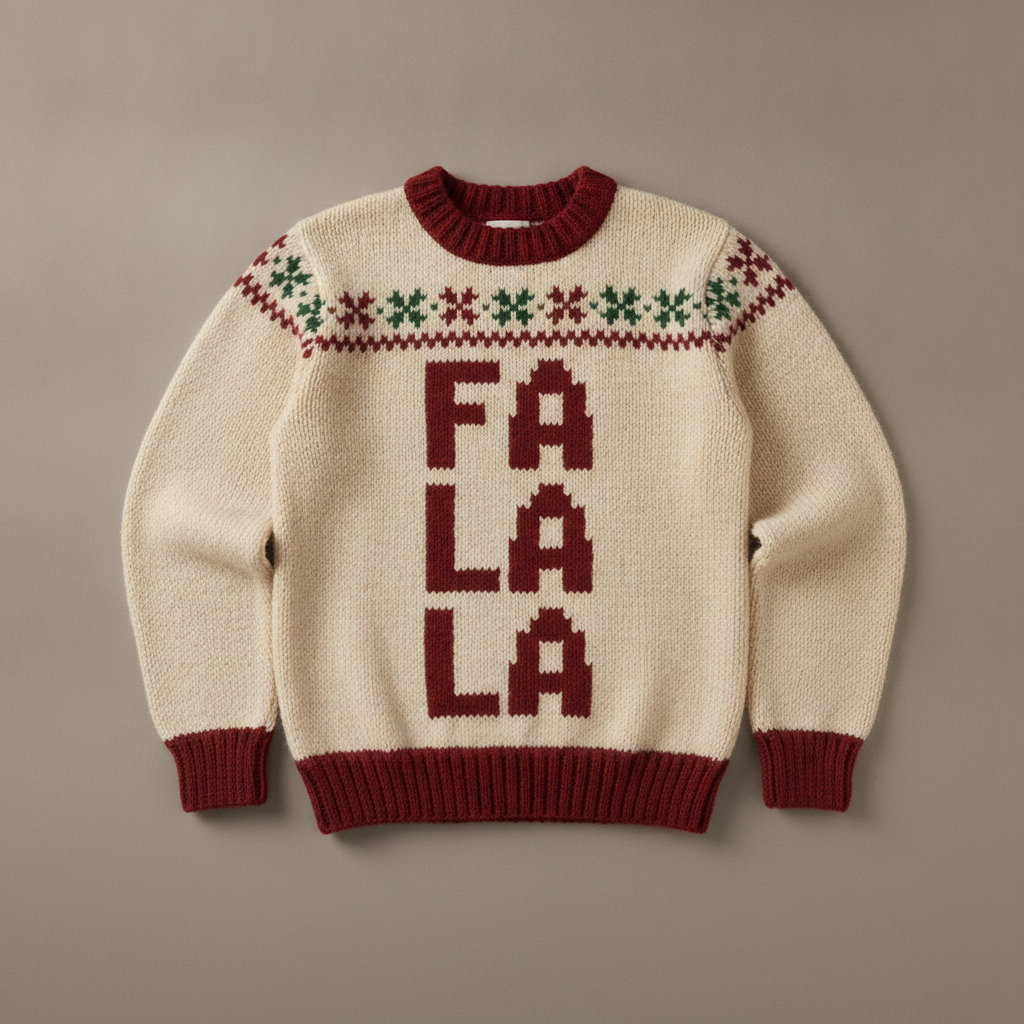 AI christmas jumper design example — a cream knitted sweater with FA LA LA knitted across the chest in dark red blocky capitals