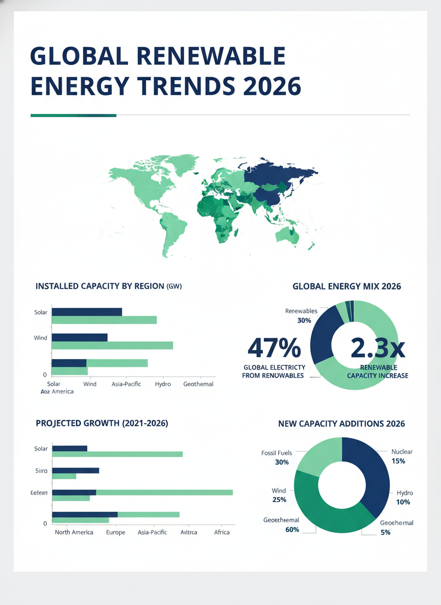 AI data visualization infographic for global renewable energy trends with bar charts pie charts world map and large percentage statistics