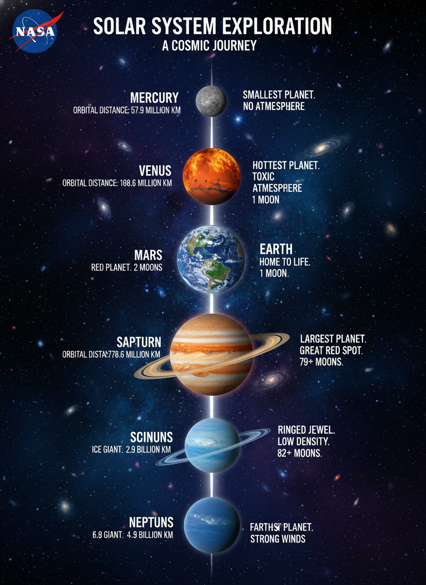 AI educational infographic about the solar system with all eight planets vertically arranged labeled distances and NASA-inspired scientific poster style
