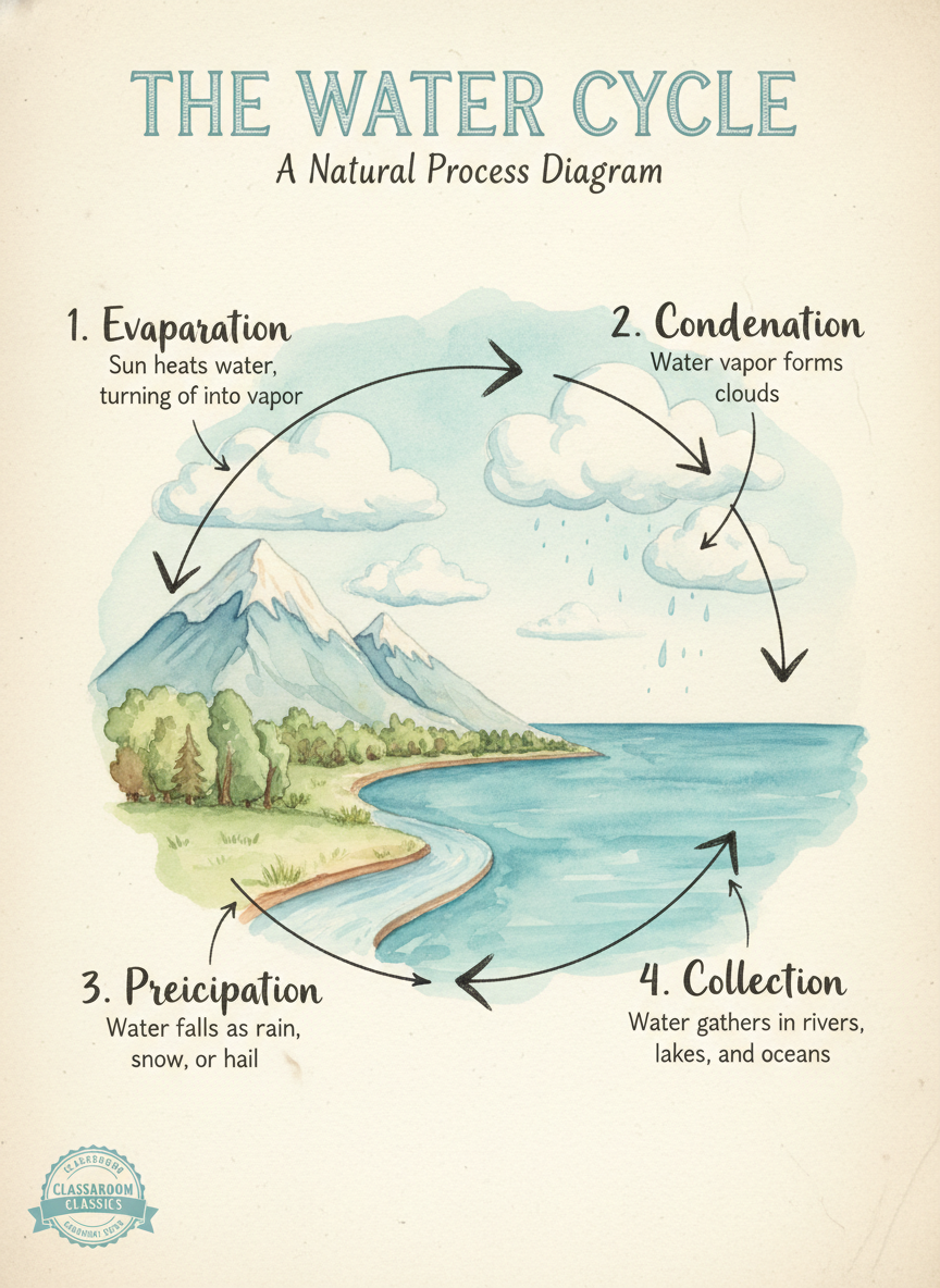 AI knowledge graphic explaining the water cycle with illustrated nature scene numbered arrows showing evaporation condensation precipitation and watercolor illustration