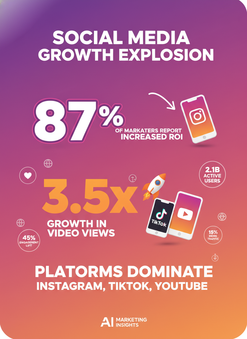 AI marketing infographic about social media growth with vibrant gradient background bold percentage statistics device icons and Instagram-ready vertical layout