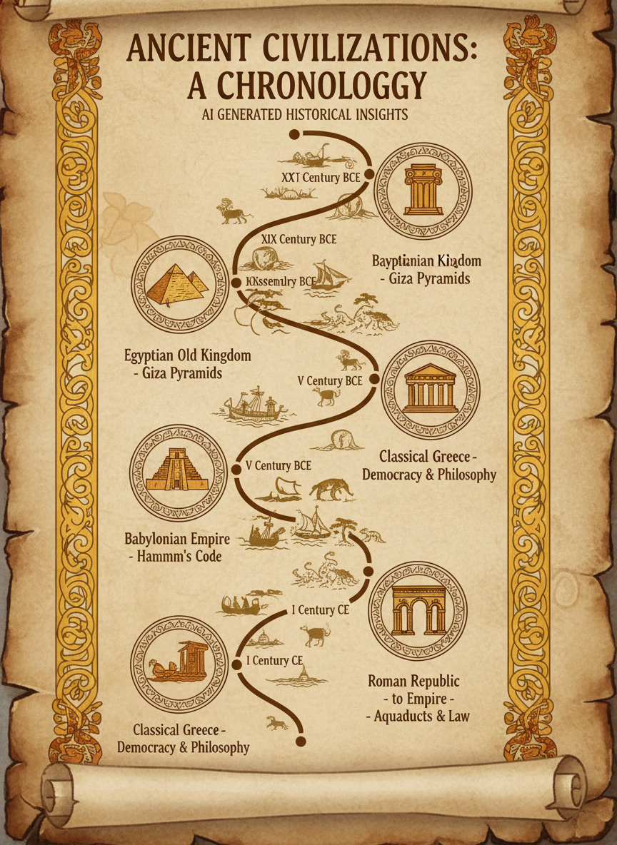 AI history timeline infographic about ancient civilizations with parchment background ornate decorative borders illustrated icons of pyramids and dated milestones