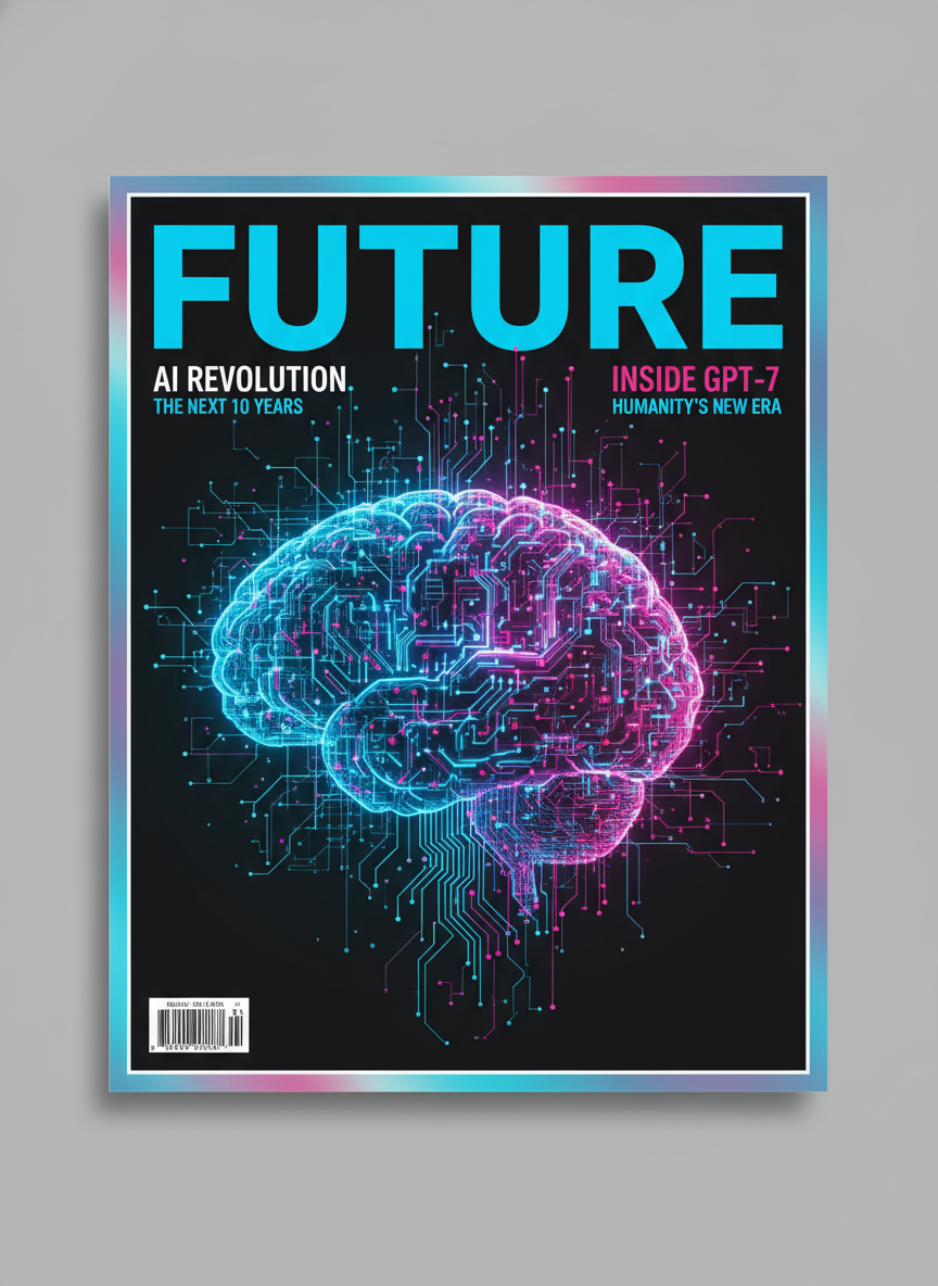 AI magazine cover modern tech editorial Wired style with neon AI brain illustration, electric blue masthead and cyan magenta accent color cover lines