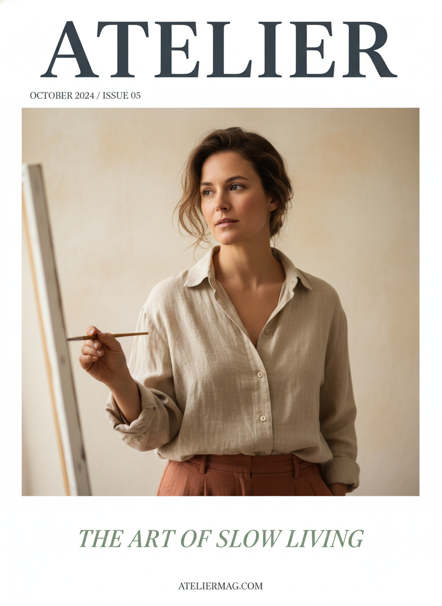 AI magazine cover minimalist Scandinavian editorial design with creative artist portrait soft cream background ATELIER masthead and slow living headline