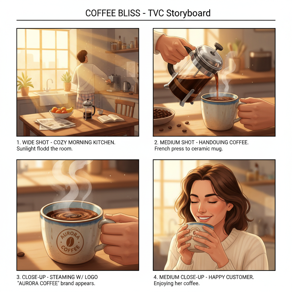 AI storyboard maker 4-panel TVC commercial coffee brand morning routine color illustration with shot direction notes and clean grid layout
