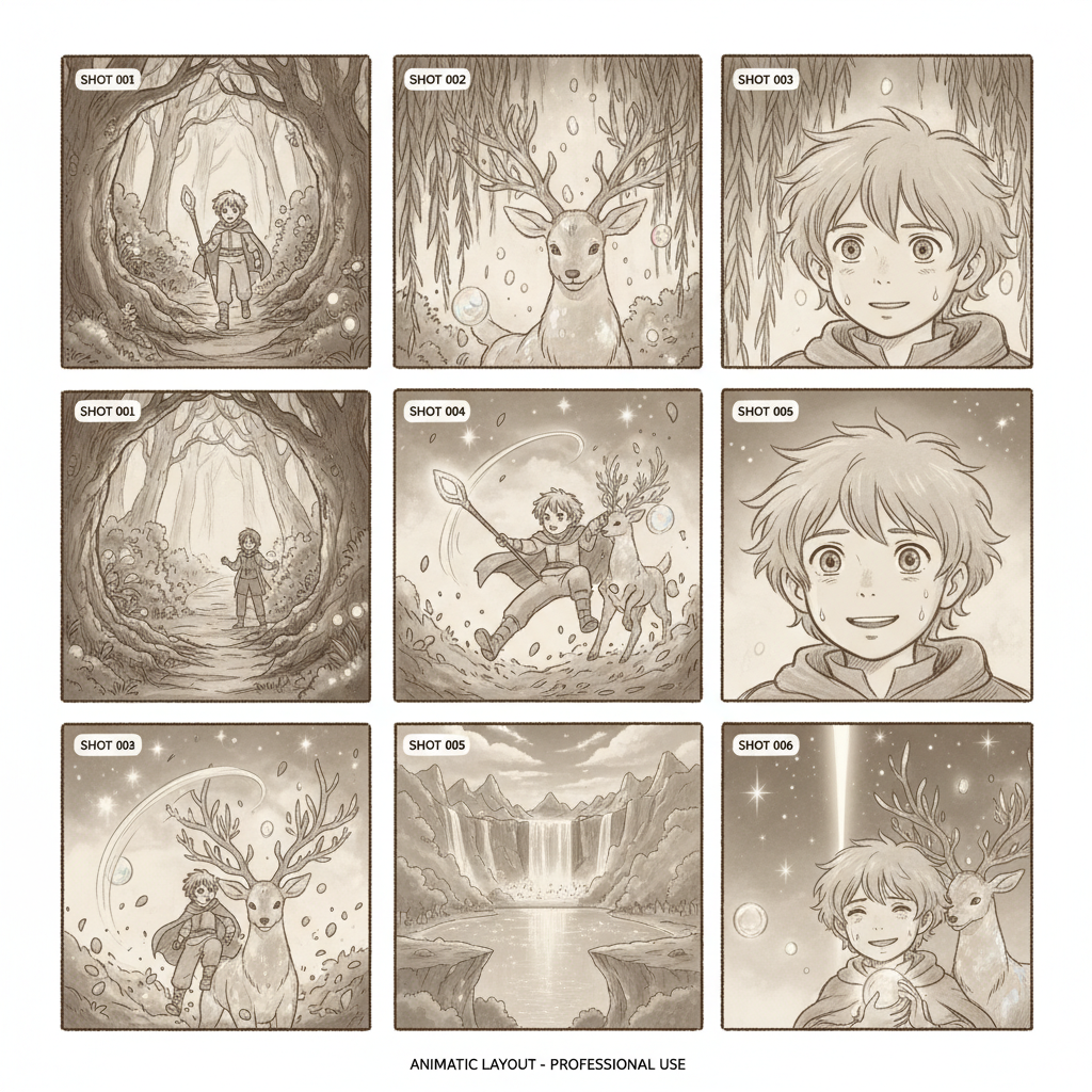 AI animatic generator Studio Ghibli style 6-panel hero forest journey storyboard with mystical creature and dramatic close-up panels in soft pencil shading