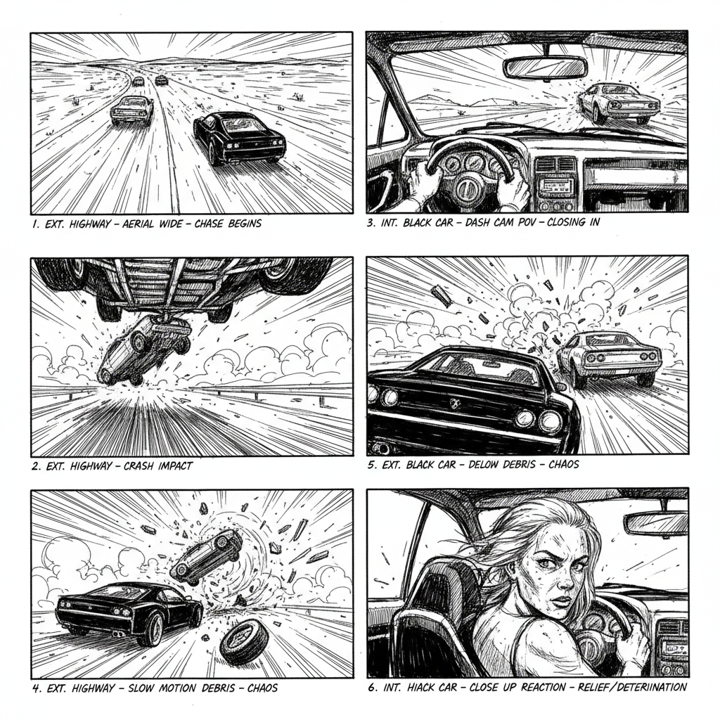 Film storyboard ai 6-panel action movie car chase sequence with dynamic camera angles wide aerial low angle dashboard POV crash slow motion debris hand-drawn ink panels