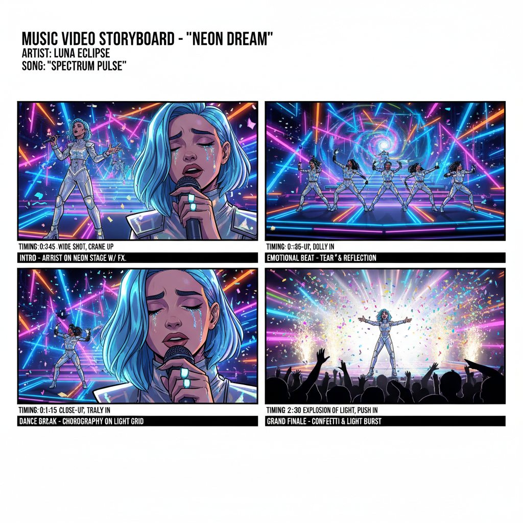 Video storyboard ai 4-panel music video with neon stage performance dance sequence and confetti finale colorful illustrated grid with timing notes