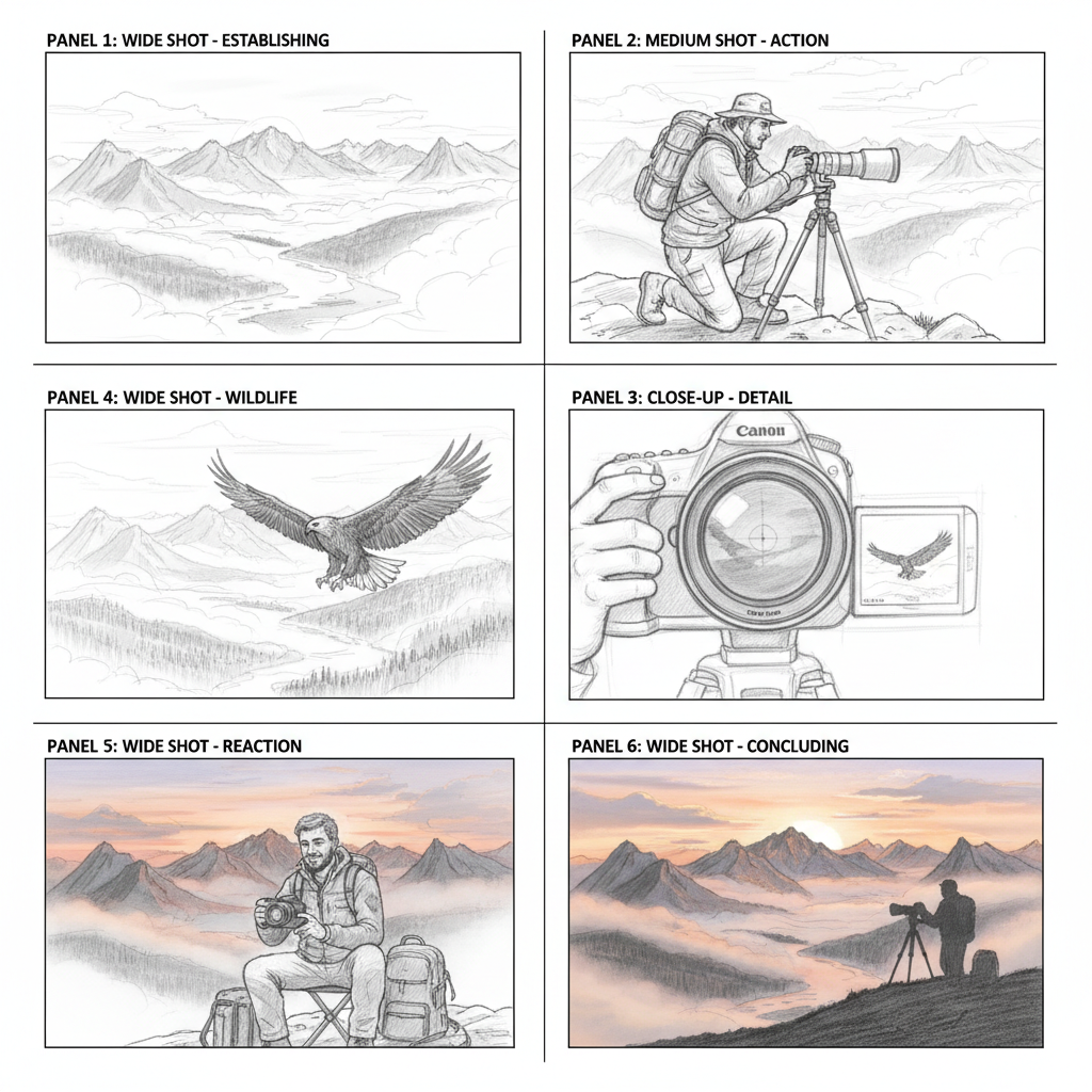 AI shot list generator documentary film 6-panel wildlife photographer journey storyboard with mountain sunrise eagle and sunset peaks pencil illustration