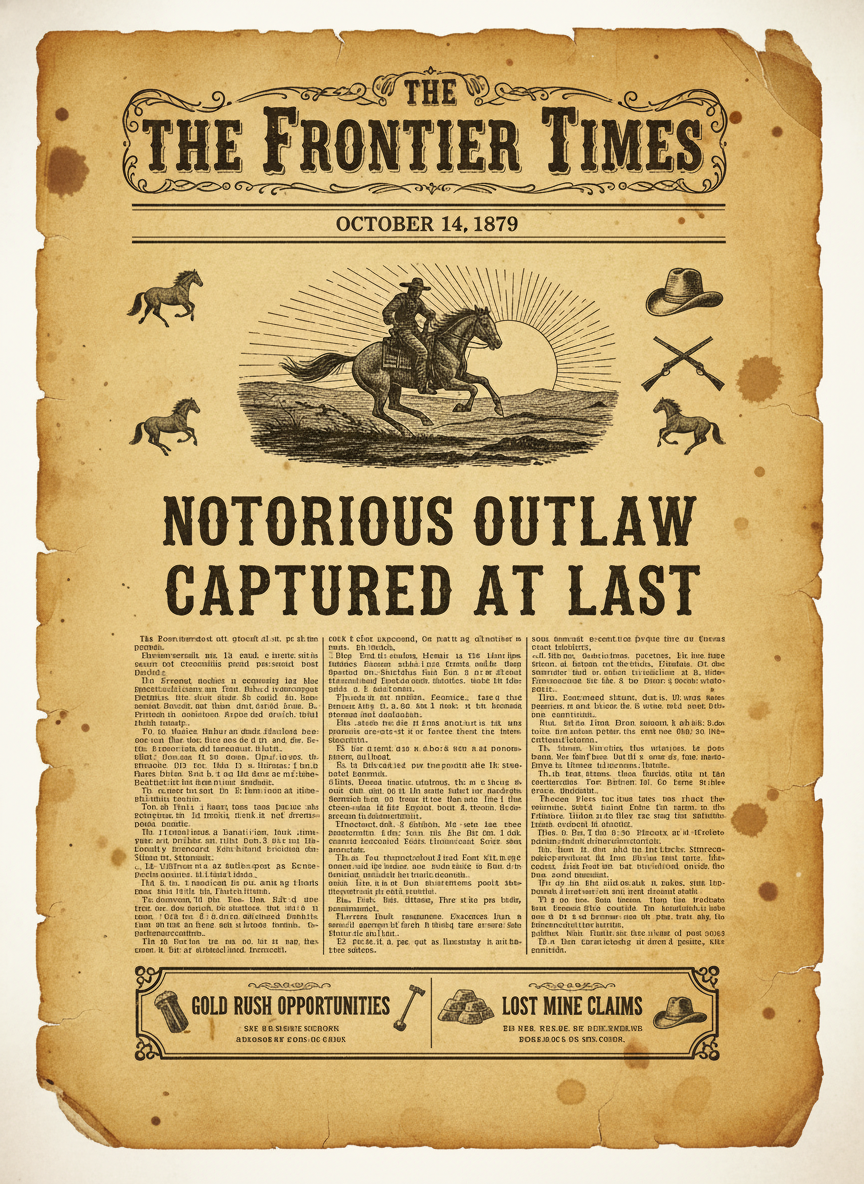 AI vintage 1890s wild west frontier newspaper Frontier Times masthead with woodcut illustrations of cowboys and stagecoaches, gold strike headline and aged tan paper with fold creases