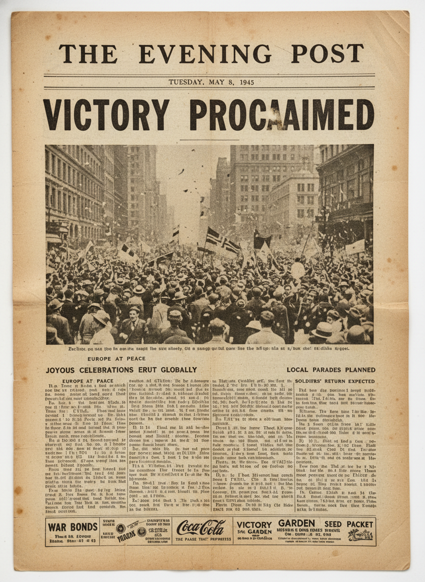 AI vintage 1940s WWII newspaper The Evening Herald masthead with dramatic Victory Declared headline, black and white halftone photograph of celebrating crowds and yellowed wartime newsprint