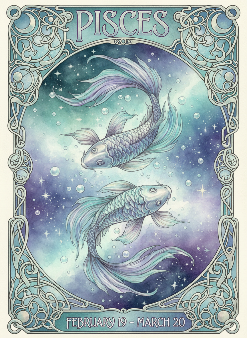 AI zodiac poster Pisces water sign two ethereal silver koi fish swimming in cosmic spiral nebula background, dreamy teal violet pearl palette, mystical art nouveau astrology poster