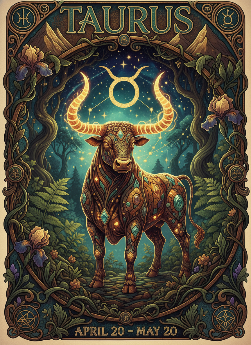 AI zodiac poster Taurus earth sign majestic mythological bull with golden horns in lush forest with constellation backdrop, art nouveau botanical frame, emerald gold and bronze palette