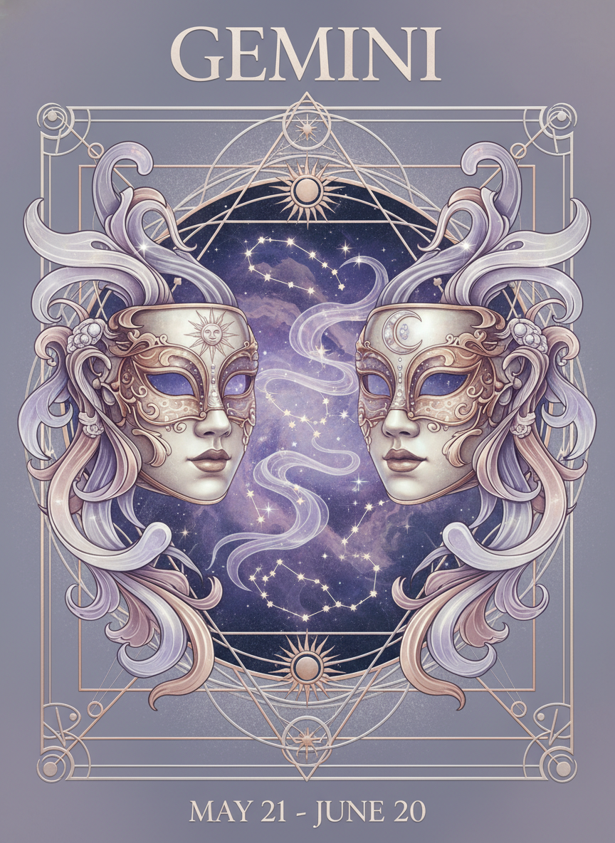 AI zodiac poster Gemini air sign two ethereal masquerade masks symbolizing duality with cosmic constellation, sacred geometry frame, lavender silver and rose gold palette