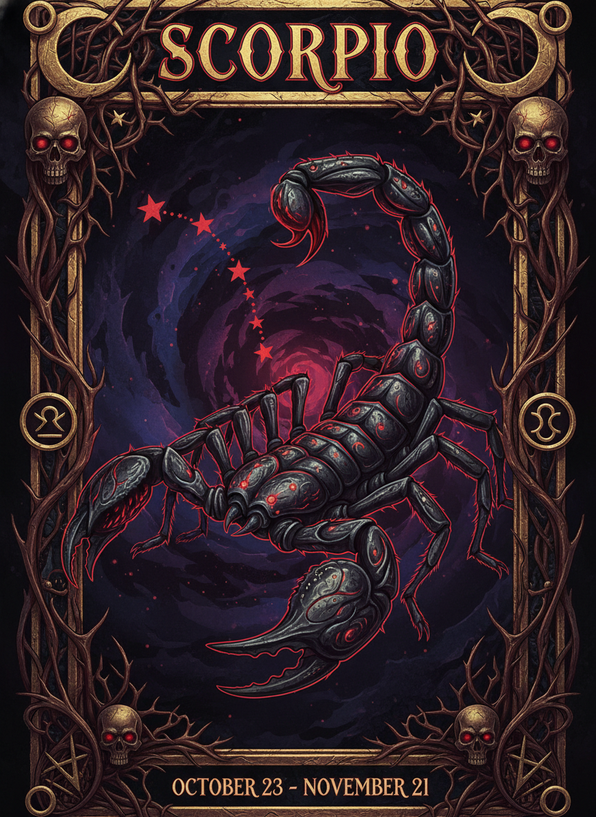 AI zodiac poster Scorpio water sign dramatic mystical black scorpion with glowing red stinger, occult gothic frame with thorns, deep crimson black and gold palette dark fantasy
