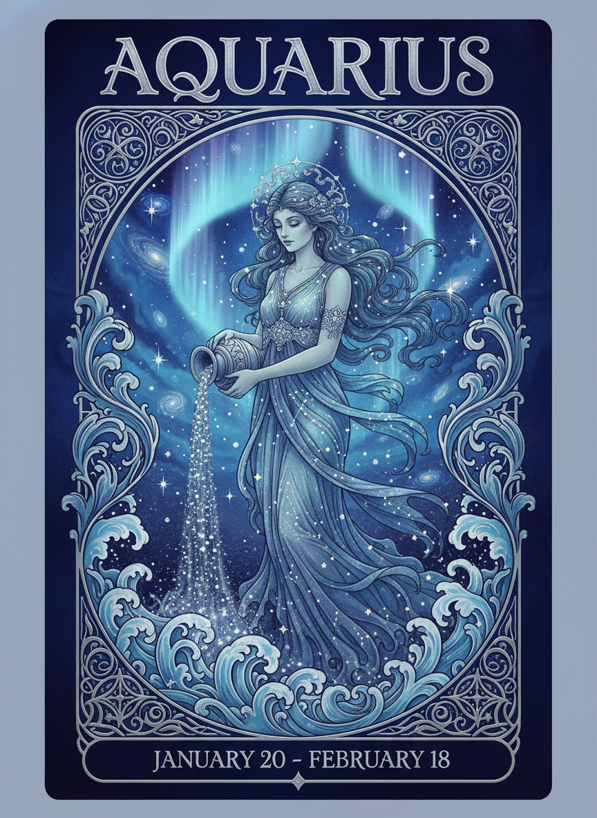AI zodiac poster Aquarius air sign ethereal celestial water bearer goddess pouring stardust into cosmos, art nouveau frame with flowing waves, electric blue indigo silver palette