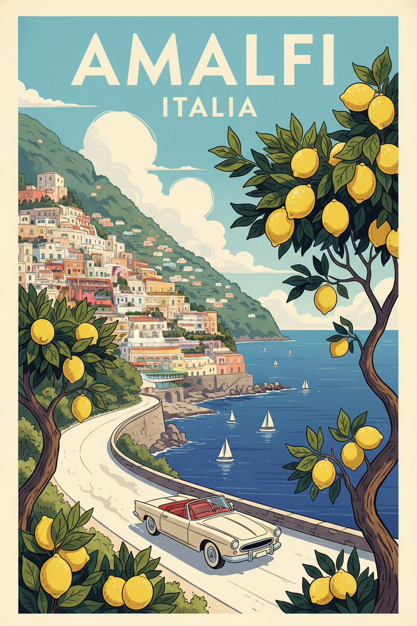 AI vintage travel poster of the Amalfi Coast Italy with classic 1960s white car driving along curved seaside road, lemon tree branches and pastel hillside village in retro 1950s screen-print style