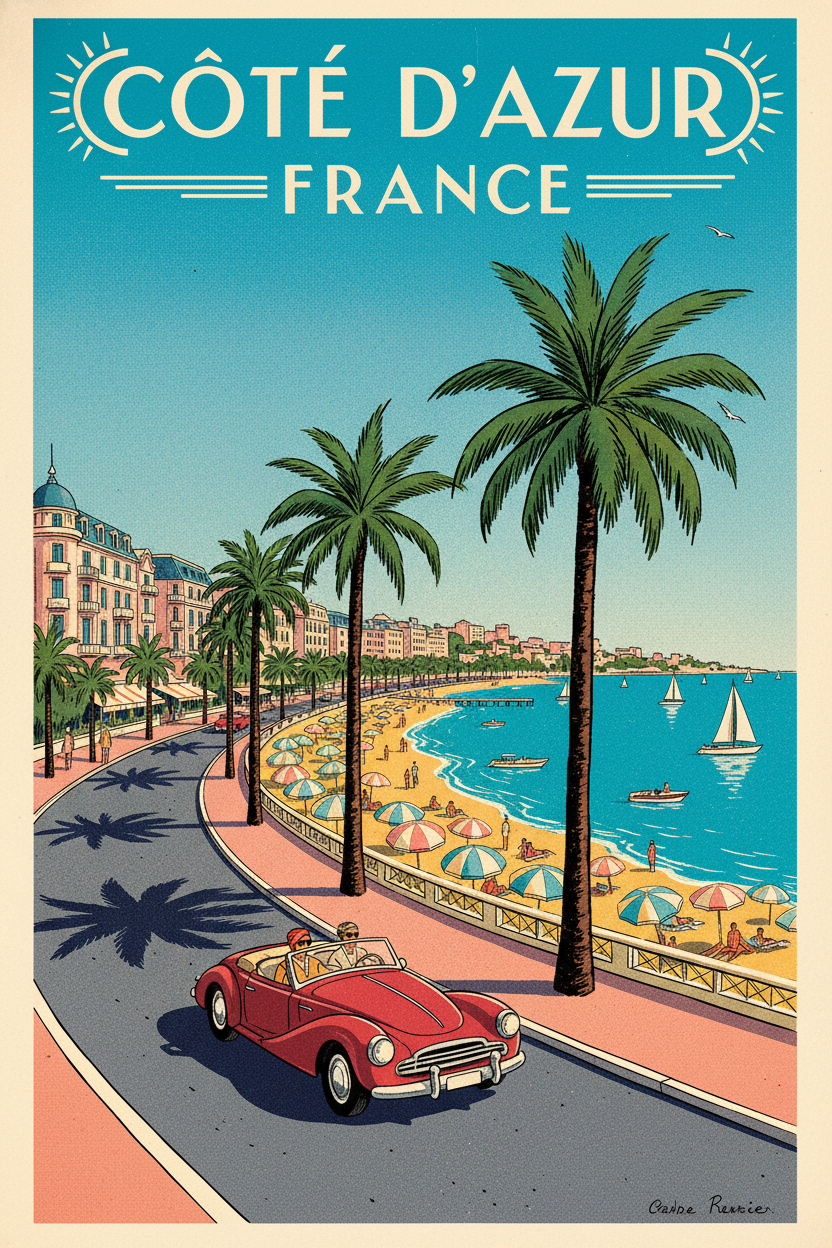 AI vintage travel poster of the French Riviera Cote d Azur Nice with classic vintage red roadster driving along Promenade des Anglais and pastel beachfront hotels, art-deco 1955 style