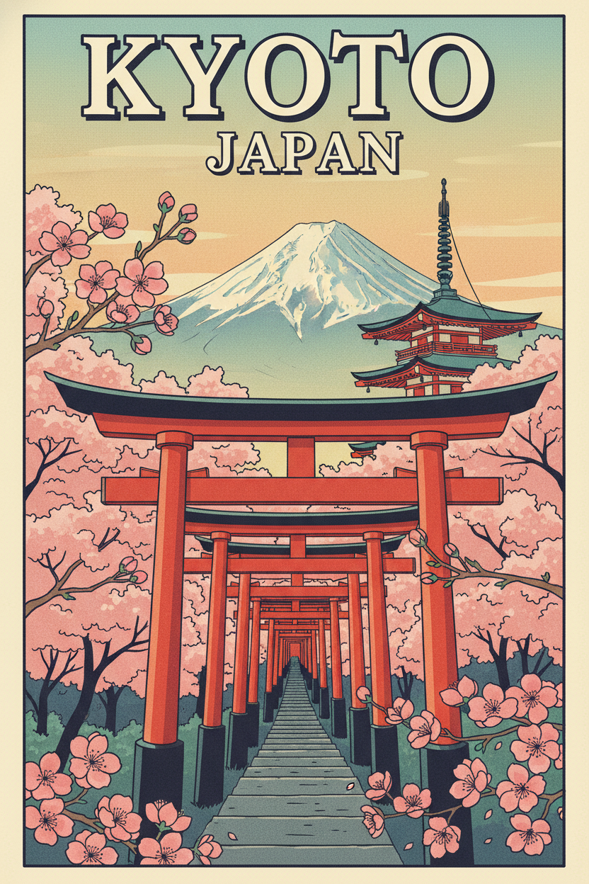 AI vintage travel poster of Kyoto Japan with red Fushimi Inari torii gate path, cherry blossoms and Mount Fuji in retro 1960s Japanese woodblock-inspired tourism poster style
