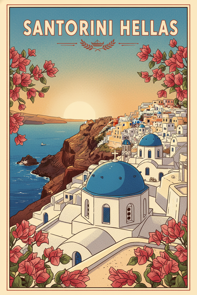 AI vintage travel poster of Santorini Greece with white Cycladic houses and blue domes cascading down volcanic cliff at sunset, retro 1960s tourism poster style
